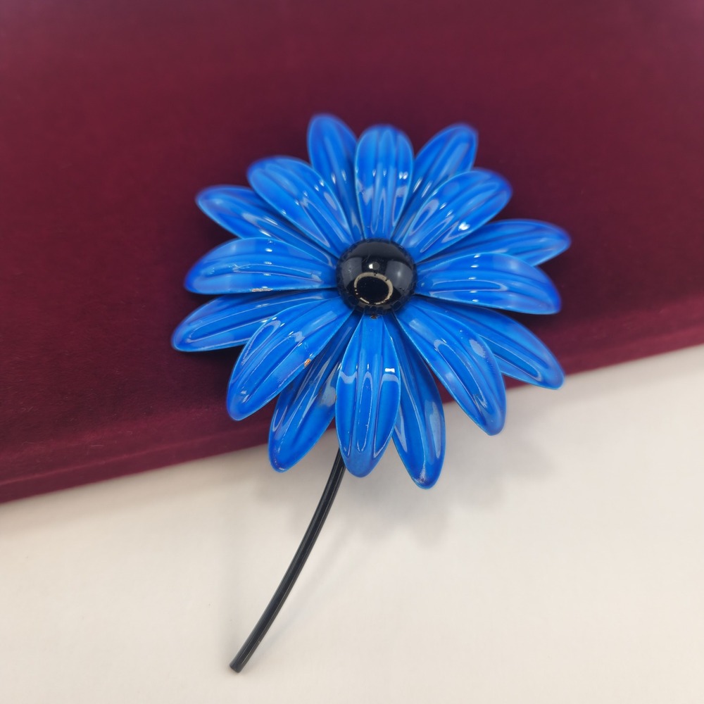 Vintage Blue Enamel Flower Brooch Long Stem Mod Daisy Flower Power Pin